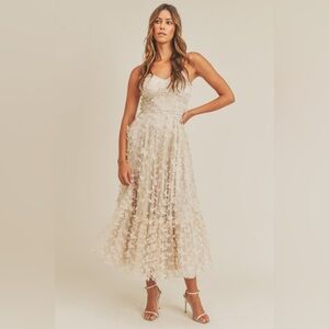 Mable Butterfly Mesh Lace Up Back Buster Midi Dress in Cream, Size Small
